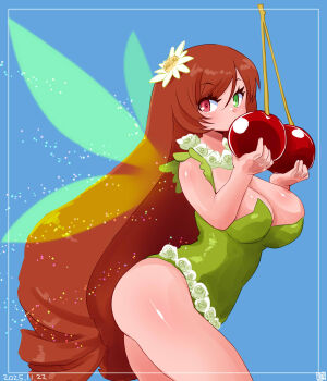 1girl alternate_breast_size_(larger) alternate_costume blue_background blush breasts brown_hair cherry cleavage commentary_request cowboy_shot dated drill_hair fairy flower food fruit green_eyes green_leotard green_wings hair_flower hair_ornament heterochromia highres holding holding_food holding_fruit itini-sanshi large_breasts leotard long_hair looking_at_viewer red_eyes rozen_maiden solo suiseiseki twin_drills very_long_hair white_flower wings