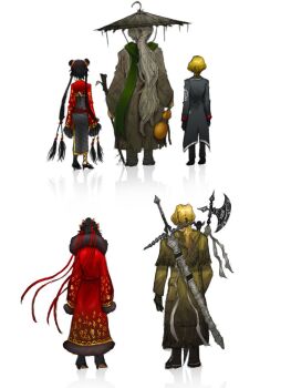 1girl 2boys aged_up black_hair blonde_hair commentary english_commentary from_behind full_body gourd halberd hat jia_xichun_(project_moon) limbus_company long_hair meme multiple_boys night_drifter_(project_moon) parody polearm project_moon sansan375223 simple_background sinclair_(project_moon) stick sword teenage_mutant_ninja_turtles weapon white_background white_hair