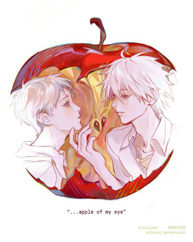 Rule 34 | 2boys, apple, apple core, appletrend, blue eyes, collared shirt, english text, food, fruit, hair between eyes, hand on another's chin, highres, ikari shinji, looking at another, male focus, multiple boys, munjilly, nagisa kaworu, neon genesis evangelion, red eyes, shirt, short hair, twitter username, white background, white shirt