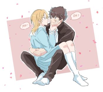 1boy 1girl bandaid bandaid_on_face beeemaru02 blonde_hair blue_eyes commentary_request falling_petals full_body hagiwara_chihaya highres matsuda_jinpei meitantei_conan petals school_uniform sitting sitting_on_lap sitting_on_person socks white_socks