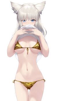 Rule 34 | 1girl, arknights, arknights: endfield, bikini, blue eyes, breasts, cait aron, clothes lift, gluteal fold, gold bikini, highres, lifting own clothes, looking at viewer, medium breasts, navel, perlica (arknights), shirt, shirt lift, simple background, solo, swimsuit, thigh gap, white background, white shirt