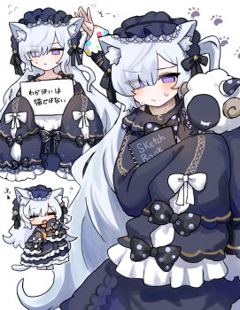 Rule 34 | 2girls, :<, animal ears, black bow, blue dress, blush, bow, cat ears, chibi, commentary request, dress, eyes visible through hair, frilled dress, frills, gothic lolita, hair over one eye, hairband, highres, holding, holding sign, holding sketchbook, jogasaki noah, kemonomimi mode, lolita fashion, lolita hairband, long hair, long sleeves, looking at viewer, mahou shoujo no majo saiban, multiple girls, multiple views, natsume an-an, out of frame, polka dot, polka dot bow, purple eyes, ro/ku, shy, sign, sketchbook, sleeves past fingers, sleeves past wrists, standing, stuffed animal, stuffed sheep, stuffed toy, translation request, very long hair, white hair, yawning