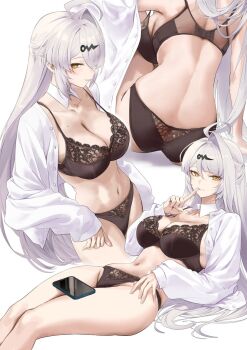 1girl ahoge ass back backboob black_bra black_panties bra breasts cellphone collared_shirt detached_collar finger_to_mouth hashtag-only_commentary highres index_finger_raised large_breasts mole mole_on_breast mole_on_chest multiple_views navel panties phone salmon88 shirt smartphone underwear white_background white_hair white_shirt yellow_eyes yin_yang_pin yixuan_(zenless_zone_zero) zenless_zone_zero