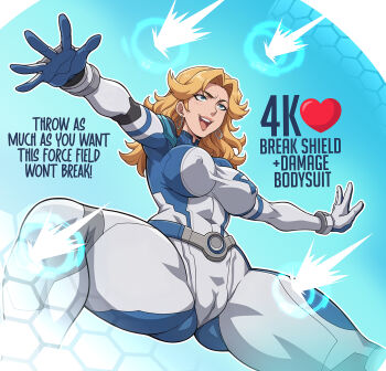 1girl 2025 animification ass belt blonde_hair blue_bodysuit blue_eyes bodysuit cameltoe commentary covered_erect_nipples covered_navel curly_hair curvy earrings energy english_commentary english_text fantastic_four gluteal_fold highres hoop_earrings huge_ass jewelry legs_apart lips logo marvel marvel_rivals mature_female multicolored_bodysuit open_mouth outstretched_arms parted_bangs serious simple_background skin_tight spread_legs sue_storm taut_clothes thick_thighs thighs two-tone_bodysuit upper_body white_bodysuit yatagarasupen
