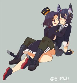 2girls :q black_boots black_cardigan black_dress black_gloves black_shoes blue_background blush boots breasts cardigan collared_shirt commentary dress emu_(eomou) eyepatch fingerless_gloves gloves grey_skirt hair_between_eyes halo headgear kantai_collection long_sleeves looking_at_viewer mechanical_halo multiple_girls necktie purple_hair red_eyes shirt shoes short_hair simple_background sitting skirt tatsuta_(kancolle) tenryuu_(kancolle) thighhighs tongue tongue_out twitter_username yellow_eyes yuri