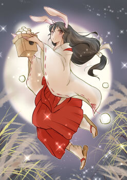 1girl absurdres animal_ears arcboc black_hair commentary_request dango food full_body full_moon grass hakama hakama_skirt highres holding holding_food huge_moon japanese_clothes long_hair looking_at_viewer low-tied_long_hair miko moon night original rabbit_ears rabbit_girl red_hakama red_skirt ribbon-trimmed_sleeves ribbon_trim sandals skirt socks solo star_(sky) tsukimi tsukimi_dango wagashi white_socks wide_sleeves zouri