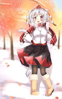 1girl :d absurdres animal_ears autumn_leaves black_pantyhose black_skirt blush boots breasts breath checkered_clothes checkered_scarf commentary_request detached_sleeves falling_leaves fur-trimmed_boots fur_trim grey_hair hat highres inubashiri_momiji kazari_s leaf looking_at_viewer maple_leaf medium_breasts medium_hair mittens open_mouth pantyhose pink_mittens pom_pom_(clothes) red_eyes red_hat red_scarf red_skirt scarf skirt smile snow snowflakes solo tail tokin_hat touhou tree two-tone_skirt winter winter_clothes wolf_ears wolf_girl wolf_tail yellow_boots