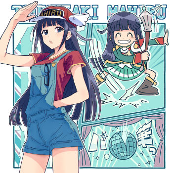 1girl ^_^ absurdres black_hair blue_background blue_eyes blue_overalls blush boots border breasts broken brown_boots character_name closed_eyes coat commentary_request cosplay cowboy_shot disco_ball dr._slump eyewear_hang facing_viewer green_coat green_skirt grin hand_in_overalls hand_up hat highres hitting holding holding_mace holding_weapon jacket jacket_on_shoulders knee_boots long_hair long_sleeves looking_at_viewer mace medium_breasts motion_lines multiple_views norimaki_arale norimaki_arale_(cosplay) open_clothes open_coat open_mouth outside_border overall_shorts overalls red_hat red_jacket red_shirt salute shirt short_sleeves shoujo_kageki_revue_starlight sidelocks skirt sleeve_cuffs smile standing t-shirt tsuyuzaki_mahiru two_side_up unworn_eyewear weapon white_border winged_hat yellow_trim yukitake_(bullfalk)