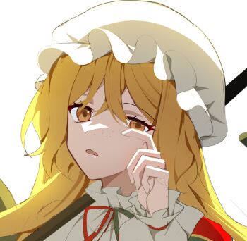 1girl christmas_nightmare_(e.g.o) commentary_request dress e.g.o_(project_moon) freckles frilled_hat frilled_sleeves frills hat hi_i_dubu highres ishmael_(project_moon) korean_commentary limbus_company looking_at_viewer mob_cap neck_ribbon open_mouth orange_eyes orange_hair project_moon ribbon simple_background sleepy solo white_background white_dress white_hat