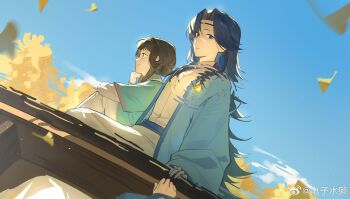 Rule 34 | 1boy, 1girl, aqua eyes, black hair, blue eyes, blue hair, boat, chinese clothes, earrings, ginkgo leaf, highres, jewelry, lanxi zhen, laojun (the legend of luoxiaohei), leaf, li qingning (the legend of luoxiaohei), long hair, long sleeves, luo xiaohei zhanji, profile, reflection, ripples, smile, tree, watercraft, weibo 7470123536