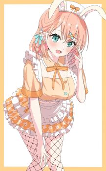 Rule 34 | 1girl, :d, animal ear headwear, animal ears, aqua eyes, bandaid, bandaid hair ornament, blue ribbon, blue streaks, border, breasts, commentary request, crossed bangs, detached collar, fake animal ears, feet out of frame, fishnets, frilled skirt, frills, hair ornament, hair ribbon, hasu no sora yumekawa fashion, hat, highres, hinoshita kaho, houndstooth, katanashi (ktnsh popu), large breasts, leaning forward, link! like! love live!, looking at viewer, love live!, medium hair, midriff, miniskirt, multicolored hair, neck ribbon, nurse, nurse cap, open mouth, orange hair, orange ribbon, orange shirt, orange skirt, outside border, rabbit ears, rabbit hair ornament, ribbon, shirt, short sleeves, simple background, skirt, smile, solo, streaked hair, virtual youtuber, white background, white hat, x hair ornament, yellow border, yume kawaii