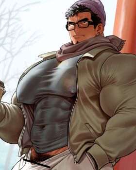 1boy bar_censor bara beanie biceps black_eyes black_hair bright_pupils broad_shoulders censored commentary_request covered_abs covered_erect_nipples covered_navel cowboy_shot cup eyebrow_cut glasses green_jacket hand_in_pocket hat highres holding holding_cup holding_disposable_cup_holder huge_pectorals jacket kuromine_hiraya light_frown male_focus mole mole_above_eye muscular muscular_male original pants penis penis_peek pubic_hair purple_hat scarf shirt solo tight_clothes tight_jacket tight_shirt white_pants white_pupils winter zipper