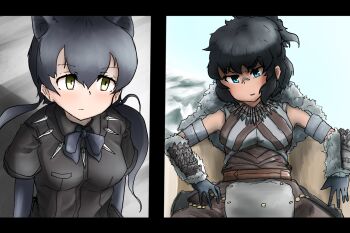 2girls animal_ears aqua_eyes arm_rest arms_at_sides bandaid bandaid_on_face bandaid_on_nose black_border black_gloves black_hair black_leopard_(kemono_friends) black_panther_(movie) black_panther_(series) black_shirt border bow bowtie bracer closed_mouth cosplay day elbow_gloves expressionless gloves gorilla_(old_design)_(kemono_friends) green_eyes hair_between_eyes jewelry ka_(3s4k4) kemono_friends leopard_ears long_hair marvel medium_hair multiple_girls necklace outdoors parody parted_bangs parted_lips scene_reference shirt sitting twintails v-shaped_eyebrows very_long_hair western_lowland_gorilla_(kemono_friends)