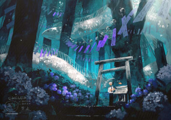1boy absurdres animal aqua_flower aqua_theme black_eyes black_necktie black_pants bush closed_mouth collared_shirt commentary_request crossed_bangs day double-parted_bangs dress_shirt expressionless fantasy fish flower forest hair_between_eyes hands_up highres holding holding_umbrella jimini_shijimi long_bangs nature necktie original outdoors oversized_animal pants path plant purple_flower road shirt short_hair shrine solo stairs standing sunlight torii transparent transparent_umbrella tree umbrella very_wide_shot watermark white-haired_man_(jimini_shijimi) white_hair white_shirt
