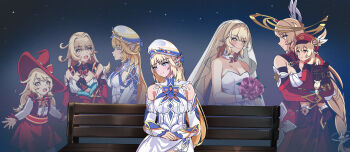 Rule 34 | 3girls, ^ ^, age progression, aged down, alice (genshin impact), backpack, bag, bare shoulders, bench, black gloves, blonde hair, blue background, blue eyes, bouquet, breasts, bridal veil, brown bag, carrying, carrying person, child carry, cleavage, closed eyes, closed mouth, commentary, cowl, detached sleeves, dress, flower, genshin impact, gloves, hat, highres, holding, holding bouquet, klee (genshin impact), large breasts, long hair, long sleeves, looking at another, medium breasts, mother and child, mother and daughter, multiple girls, newsboy cap, nicole reeyn, open mouth, own hands together, parent and child, pointy ears, red dress, red hat, sitting, sleeveless, sleeveless dress, smile, standing, strapless, strapless dress, sylux, teeth, upper teeth only, veil, very long hair, white dress, white sleeves, white veil, witch hat, yellow eyes