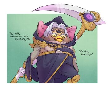 1boy ancient_greek_clothes belt english_text furby fusion gauntlets greco-roman_clothes green_background hades_(series) hades_1 highres hood hood_up jamie_loughran male_focus scythe single_gauntlet skull thanatos_(hades) what white_hair yellow_eyes