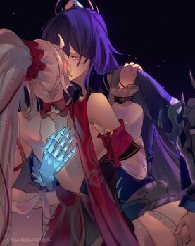 Rule 34 | 2girls, absurdres, ahoge, armor, bare back, bright pupils, collar, colored extremities, commentary, detached sleeves, english commentary, flame print, glowing, headpiece, highres, holding, honkai (series), honkai impact 3rd, implied kiss, japanese armor, kiana kaslana, kiana kaslana (ba-dum! fiery wishing star), long hair, looking at another, mscheckacheck, multiple girls, ponytail, purple hair, raiden mei, raiden mei (xentinel: dawnbearing crescent), ribbon, sash, thigh grab, very long hair, white hair, yuri