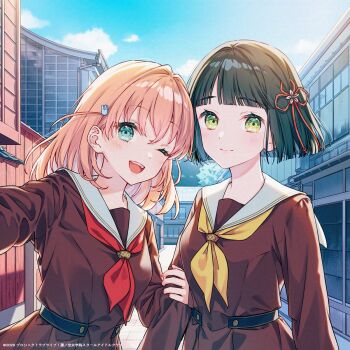 2girls ;d aqua_eyes black_hair blue_sky blunt_bangs blunt_ends bob_cut brown_dress cerise_bouquet closed_mouth cloud commentary_request copyright_notice cover_image day dress flower flower_knot grabbing_another's_arm green_eyes hair_flower hair_ornament hasu_no_sora_school_uniform highres hinoshita_kaho link!_like!_love_live! long_sleeves looking_at_viewer love_live! medium_hair momose_ginko multiple_girls neckerchief official_art one_eye_closed open_mouth orange_hair outdoors pleated_dress rabbit_hair_ornament red_nails sailor_collar sailor_dress school_uniform selfie short_hair sky smile tadano_yukiko two_side_up virtual_youtuber white_flower white_sailor_collar winter_uniform yellow_neckerchief