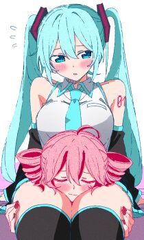 Rule 34 | absurdres, aqua eyes, aqua hair, aqua necktie, black sleeves, detached sleeves, drill hair, hatsune miku, highres, kasane teto, long hair, necktie, number tattoo, red hair, shirt, sleeveless, sleeveless shirt, spynai (klimatic), tattoo, twin drills, twintails, utau, very long hair, vocaloid, yuri