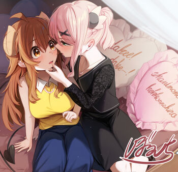 2girls black_shirt black_skirt blue_pants borushichi breasts brown_eyes brown_hair chiyoda_momo commentary_request curled_horns demon_girl demon_horns demon_tail eye_contact green_eyes hair_ornament heart heart-shaped_pillow highres horns jewelry large_breasts long_hair looking_at_another machikado_mazoku multiple_girls necklace pants pillow pink_hair shirt short_hair skirt sleeveless sleeveless_shirt tail x_hair_ornament yellow_shirt yoshida_yuuko yuri