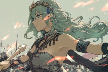 1girl alternate_costume alternate_hair_color ancient_greek_clothes armlet armpits breasts choker choker_jewel closed_mouth dancer dancer_(fire_emblem:_three_houses) dress female_byleth_(awakened)_(fire_emblem) female_byleth_(fire_emblem) fire_emblem fire_emblem:_three_houses gem greco-roman_clothes green_eyes green_hair hair_between_eyes hair_ornament headpiece highres holding holding_sword holding_weapon jewelry long_hair medium_breasts medium_hair nintendo nutori_manga single-shoulder_dress solo sword sword_of_the_creator tassel tassel_hair_ornament upper_body weapon