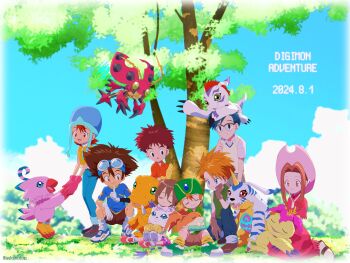 Rule 34 | agumon, animal hands, artist logo, artist name, bird, blonde hair, blue eyes, blue fur, blue hair, blue shirt, body fur, brown hair, bug, cat, closed eyes, coat, colored skin, copyright name, dated, digimon, digimon adventure, digimon day, feathers, finger to mouth, flat chest, fur coat, gabumon, gloves, gomamon, green eyes, green hat, green shirt, group picture, hand focus, hat, head wings, highres, ishida yamato, izumi koshiro, kido jo, logo, medium hair, open mouth, orange shirt, orange skin, outdoors, palmon, patamon, paw gloves, pink feathers, piyomon, red eyes, reptile, sharp teeth, shirt, short hair, sleeping, sleeveless, sleeveless shirt, tachikawa mimi, tailmon, takaishi takeru, takenouchi sora, teeth, tentomon, tree, whiskers, white fur, wings, yagami hikari, yagami taichi, yellow shirt, yukimi (kurumi-no-naruki)