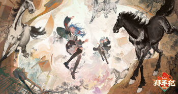 Rule 34 | 2026, 2girls, absurdres, ahoge, bili girl 22, bili girl 33, bilibili, black shoes, black thighhighs, blue hair, calligraphy brush, chair, chinese clothes, chinese commentary, chinese zodiac, commentary request, daylightallure, faux traditional media, fine art parody, highres, horse, lightning ahoge, multiple girls, official art, paintbrush, parody, red eyes, school chair, scroll, shoes, siblings, sisters, thighhighs, year of the horse, zettai ryouiki, zhongguo hua