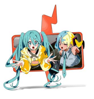 2girls 5oh5s2 absurdres aqua_eyes aqua_hair aqua_necktie bandeau bare_shoulders black_mask black_sleeves blonde_hair blue_eyes blue_hair blush breasts canari_(pokemon) canari_(pokemon)_(cosplay) cosplay costume_switch criss-cross_straps dark-skinned_female dark_skin detached_sleeves gen_4_pokemon grey_shirt hair_between_eyes hatsune_miku hatsune_miku_(cosplay) highres jacket large_breasts long_hair long_sleeves looking_at_viewer mask mask_pull mega_stone mouth_mask multicolored_hair multiple_girls navel necktie nintendo one_eye_closed open_mouth pokemon pokemon_legends:_z-a rotom rotom_phone shirt short_twintails sleeveless sleeveless_shirt smile split-color_hair sports_bra twintails two-tone_hair two-tone_mask very_long_hair vocaloid yellow_bandeau yellow_jacket yellow_mask yellow_sports_bra