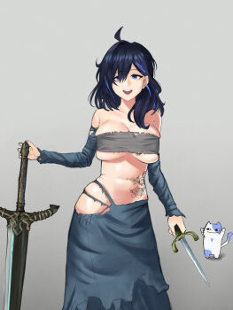 ayase_yuu breasts clothing_cutout dagger dark_souls_(series) dark_souls_i fromsoftware heiz_illust highres hip_vent knife large_breasts midriff phase_connect skindentation sword underboob virtual_youtuber weapon