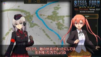 2girls armband bellwall_school_uniform black_hat black_jacket brown_skirt clenched_hand collared_shirt commentary_request frown garrison_cap girls_und_panzer girls_und_panzer_little_army grey_hair hair_ornament hairpin hat headphones headset itsumi_erika jacket kuromorimine_military_uniform long_hair long_sleeves looking_at_viewer map miniskirt multiple_girls nakasuga_emi niconico open_mouth orange_hair pleated_skirt red_armband red_eyes red_hair red_shirt red_skirt school_uniform shinmai_(kyata) shirt skirt translation_request twintails white_shirt