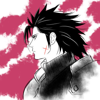 Rule 34 | 1boy, aelys77, armor, black hair, closed mouth, commentary request, cross scar, earrings, facial scar, final fantasy, final fantasy vii, hair slicked back, jewelry, male focus, medium hair, monochrome, pauldrons, pink background, profile, ribbed sweater, scar, scar on cheek, scar on face, shoulder armor, sideburns, single earring, suspenders, sweater, turtleneck, upper body, zack fair