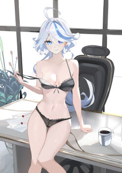 1girl ahoge alternate_costume areola_slip bare_shoulders black_bra black_panties blue_eyes blue_hair bra bra_pull breasts chair clothes_pull coffee_mug cup curtains da_(datako) desk dress furina_(genshin_impact) genshin_impact highres indoors letter looking_at_viewer medium_breasts mug navel office_chair on_desk panties plant potted_plant pulling signature sitting on_desk sitting_on_table smile solo stomach swivel_chair table thighs underwear water_drop window