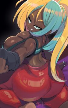 1girl absurdres aqua_hair artist_name ass blonde_hair breasts carol_(carro3d) dark-skinned_female dark_skin fingerless_gloves geistbox gloves green_eyes highres huge_ass huge_breasts long_hair looking_back multicolored_hair pants ponytail smile sportswear teeth two-tone_hair