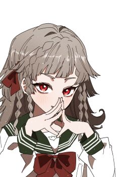 1girl alternate_costume bow bowtie commentary_request green_sailor_collar grey_hair highres long_hair looking_at_viewer own_hands_together quad_braids red_bow red_bowtie red_eyes reverse:1999 rubuska sailor_collar school_uniform serafuku shirt solo steepled_fingers upper_body white_background white_shirt ziyunshanding