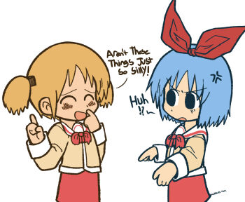 Rule 34 | 2girls, anger vein, angry, annaka haruna, artist name, blonde hair, blue eyes, blue hair, bow, bowtie, closed eyes, cube hair ornament, hair ornament, hair ribbon, index finger raised, laughing, looking at another, multiple girls, naganohara mio, nervous, nichijou, red bow, red bowtie, red ribbon, red skirt, ribbon, school uniform, short hair, short twintails, simple background, skirt, tokisadame school uniform, twintails, white background, woolskullman
