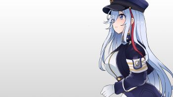 Rule 34 | 1girl, 86 -eightysix-, absurdres, belt, blue eyes, blue jacket, blush, breasts, closed mouth, commentary, commission, english commentary, from side, gloves, grey eyes, grey hair, hair between eyes, hat, highres, jacket, light frown, long hair, long sleeves, lsheng, medium breasts, military, military hat, military jacket, military uniform, multiple girls, pixiv commission, simple background, single hair streak, solo, standing, upper body, vladilena millize, white background, white belt, white gloves, white hair, white hat