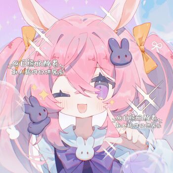 1girl ;d animal_ears bai_xiong_nailaojuan blush bow bowtie collared_shirt crossed_bangs double-parted_bangs hair_between_eyes hair_ornament hair_ribbon hand_up highres index_finger_raised long_hair long_sleeves one_eye_closed open_mouth original pink_hair portrait purple_bow purple_bowtie rabbit rabbit_ears rabbit_girl rabbit_hair_ornament ribbon shirt smile solo twintails watermark white_shirt yellow_ribbon