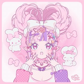 1girl :o bandaid bell blunt_bangs blush bow candy charm_(object) cinnamoroll collar demon_girl demon_horns eyelashes fingernails food fuwa_fuwa_cinnamoroll hair_bow hair_ornament hairclip hairpin highres horns ironmouse ironmouse_outfit_art_contest jewelry long_hair long_sleeves looking_up mellownote multicolored_hair multiple_rings nail_charm neck_bell necklace open_mouth pink_bow pink_eyes pink_hair pink_theme pointy_ears polka_dot purple_bow ring sanrio solo square streaked_hair teeth two_side_up upper_body upper_teeth_only virtual_youtuber vshojo white_bow