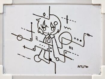 Rule 34 | 1girl, abstract, ascot, closed mouth, collared shirt, colo (frypan soul), dot mouth, greyscale, looking at viewer, monochrome, original, shirt, short hair, signature, solo, traditional media, upper body, white background, whiteboard (medium)