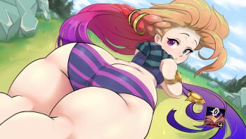 1girl aqua_eyes aqua_scarf ass backboob bare_shoulders blue_panties blue_shirt blue_sky breasts closed_mouth cropped_shirt day ecchi2trail expressionless eyelashes feet_out_of_frame female_focus from_behind from_below gradient_hair heterochromia huge_ass kyojiri_loli league_of_legends legs_together loli long_hair looking_at_viewer looking_back lying multicolored_hair on_stomach orange_hair outdoors panties purple_eyes purple_hair purple_panties scarf shirt sky sleeveless sleeveless_shirt small_breasts solo striped_clothes striped_panties striped_scarf two-tone_hair two-tone_panties underwear variant_set very_long_hair zoe_(league_of_legends)