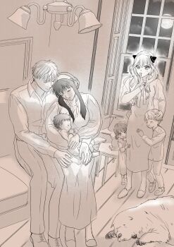 3boys 3girls adoptive_parent_and_adoptive_child aged_up anya_(spy_x_family) blush bond_(spy_x_family) closed_eyes commentary_request couple earrings family father_and_daughter father_and_son hairband hetero highres hug husband_and_wife if_they_mated jacket jewelry mother_and_daughter mother_and_son multiple_boys multiple_girls pinkmilkg sepia shirt sidelocks sleeping spy_x_family twilight_(spy_x_family) white_hairband white_shirt yor_briar