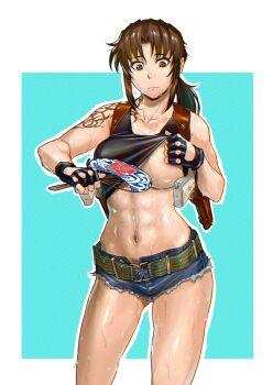 1girl abs azasuke black_lagoon brown_hair denim denim_shorts expressionless fan female_focus fingerless_gloves gloves gun handgun highres hot hotpants muscular muscular_female pistol ponytail revy_(black_lagoon) shorts simple_background summer sweat sweatdrop tattoo tomboy weapon