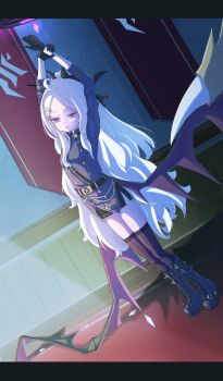 1girl arms_up black_gloves black_halo black_skirt black_thighhighs blue_archive breasts demon_girl demon_horns full_body gehenna_academy_logo gloves halo highres hina_(blue_archive) horns indoors long_hair omoti_tumaru skirt small_breasts solo standing thighhighs very_long_hair white_hair