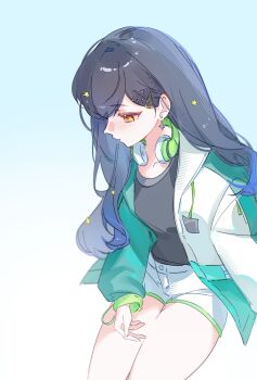 1girl aqua_jacket black_hair black_shirt blue_background blue_hair breasts closed_mouth cowboy_shot earrings gradient_background gradient_hair hair_behind_ear hair_between_eyes hair_ornament hairclip headphones headphones_around_neck highres jacket jewelry long_hair long_sleeves multicolored_hair multicolored_jacket open_clothes open_jacket orange_eyes phynolcrystal profile project_sekai shiraishi_an shirt shirt_tucked_in short_shorts shorts simple_background sitting solo star_(symbol) star_earrings star_hair_ornament thighs two-tone_jacket white_jacket white_shorts