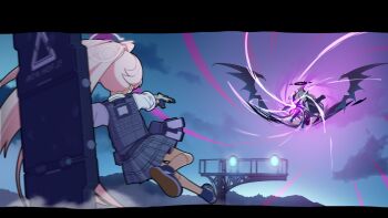 2girls battle black_coat black_gloves black_halo black_skirt blue_archive coat coat_on_shoulders demon_girl demon_horns demon_wings flying gloves gun h&amp;k_p30 halo handgun highres hina_(blue_archive) holding holding_gun holding_shield holding_weapon horns hoshino_(blue_archive) hoshino_(girls_und_panzer) lenslans machine_gun mg42 multiple_girls pink_hair ponytail purple_eyes school_uniform shield skirt sliding train weapon wings