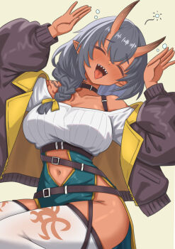 1girl :d ^_^ absurdres black_collar blush braid breasts brown_jacket chaos_zero_nightmare closed_eyes collar collarbone commentary_request dark-skinned_female dark_skin dellang_(chaos_zero_nightmare) highres horns jacket konjou large_breasts navel oni open_mouth pointy_ears sharp_teeth shirt skin-covered_horns smile solo teeth thighhighs thighs tongue tongue_out white_thighhighs