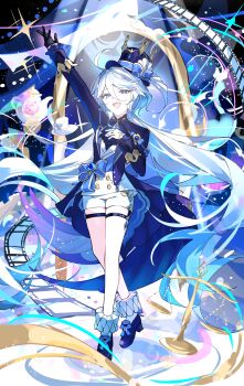 1girl absurdres ahoge arm_up ascot asymmetrical_gloves balance_scale black_gloves blue_ascot blue_eyes blue_gem blue_hair blue_hat blue_jacket blue_pupils blue_shoes full_body furina_(genshin_impact) gem genshin_impact gloves hair_between_eyes hair_intakes hand_up hashtag-only_commentary hat heterochromia highres jacket long_hair long_sleeves looking_at_viewer masshurmu39 mismatched_gloves mismatched_pupils multicolored_hair open_mouth shoes shorts skindentation smile socks solo standing thigh_strap top_hat very_long_hair vest weighing_scale white_gloves white_hair white_shorts white_socks white_vest