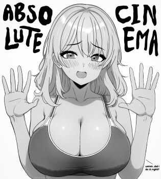 Rule 34 | 1girl, 2024, absolute cinema (meme), absurdres, arms up, artist name, bare shoulders, blush, breasts, cleavage, collarbone, crop top, embarrassed, english text, female focus, highres, large breasts, long hair, looking back, meme, open hand, open mouth, original, simple background, solo, stepkingo art, straight-on, sweatdrop, upper body, wavy hair, white background