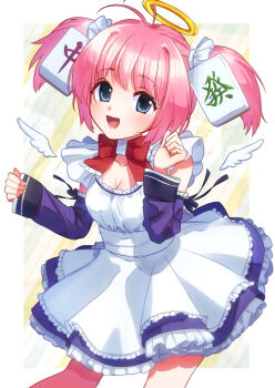 1girl :d ahoge angel_wings antenna_hair bare_shoulders blue_eyes blue_sleeves blush border bow bowtie breasts chiyu chiyu_12-sai cleavage commentary_request contrapposto cowboy_shot detached_sleeves detached_wings dress frilled_bowtie frilled_dress frilled_hair_tie frills halo hands_up highres kur0_nek0o looking_at_viewer mahjong_tile_brooch mahjong_tile_hair_ornament mini_wings open_mouth outside_border patterned_background pinching_sleeves pink_hair red_bow red_bowtie sidelocks sleeve_ribbon smile solo square_brooch standing traditional_halo twintails white_border white_dress wings yellow_halo