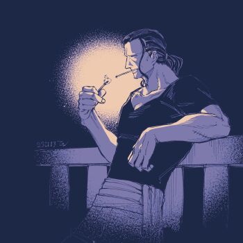 1boy benn_beckman cigarette closed_eyes commentary_request dated greyscale highres holding holding_matchstick male_focus monochrome one_piece ponytail profile sash shirt single_sidelock solo stitched_arm stitches t-shirt tagawa_jiro